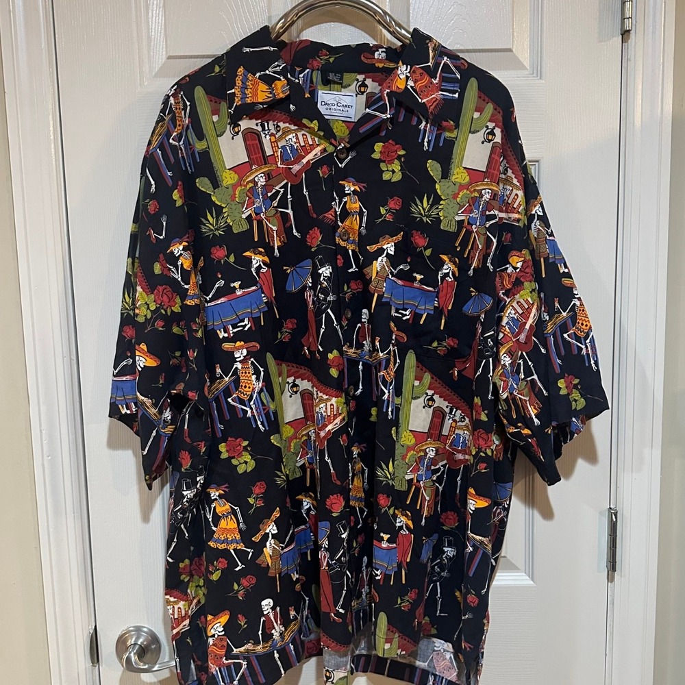 David Carey Day of the Dead Skeleton Camp Shirt Mens 4XL Black 93194